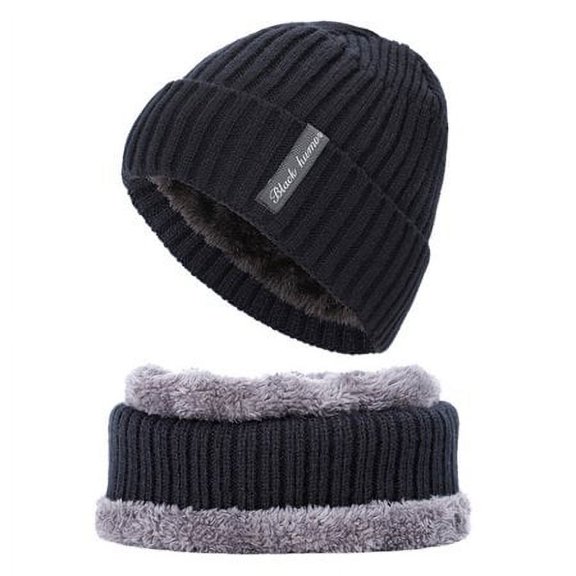 Viworld Winter Beanie Hats Scarf Set Warm Knit Hats Skull Cap Neck Warmer with Thick Fleece Lined Winter Hat & Scarf for Men Women , Black