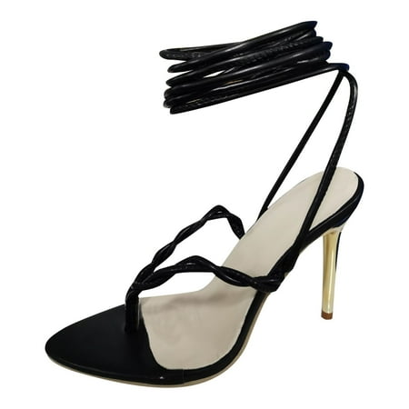 

Women High Heels Breathable Lace Up Shoes Hollowed Out Peep Toe Casual Pointed Sandals suede Black sandals for Women