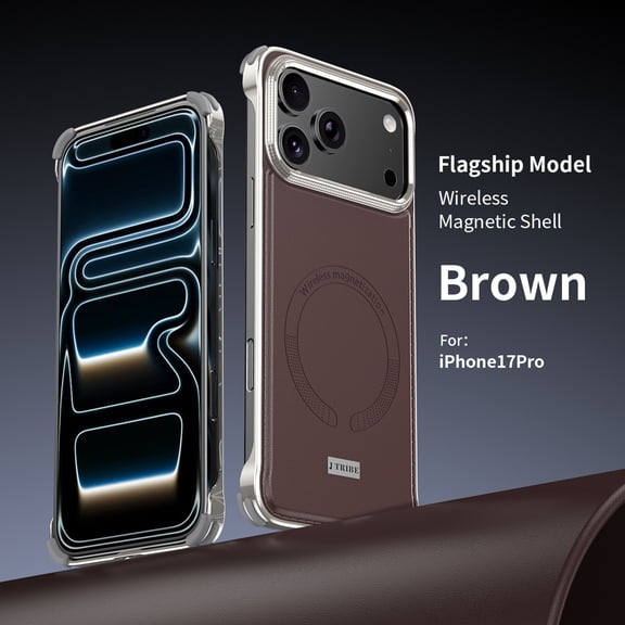 ELEHOLD Magnetic Case for iPhone 17 Pro, Frameless Faux Leather Shockproof Phone Case, Aluminum Alloy Bezel,Brown