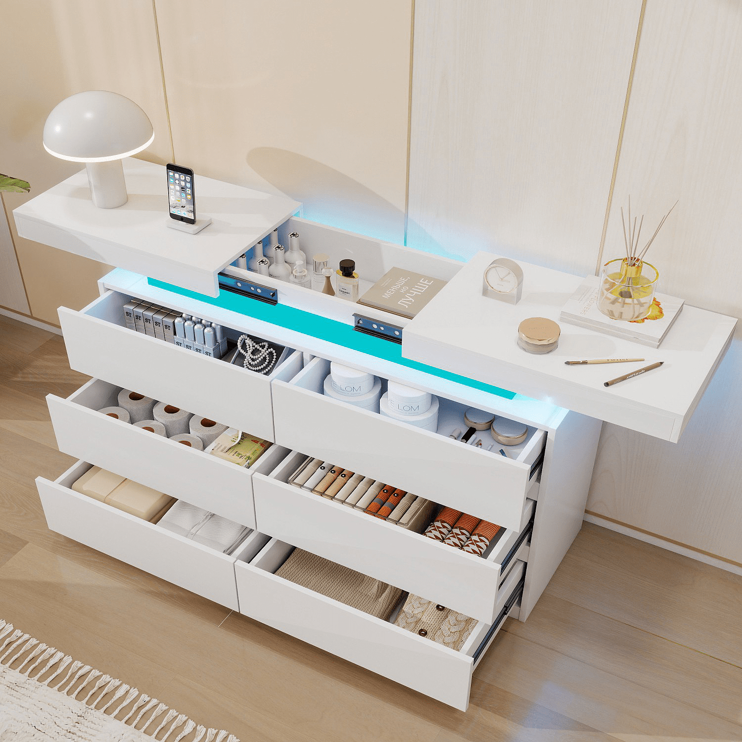 White 6 Drawer Dresser with Sliding Top, LED Lights & Charging Station - Spacious Chest of Drawers for Bedroom, Entryway, or Hallway Storage
