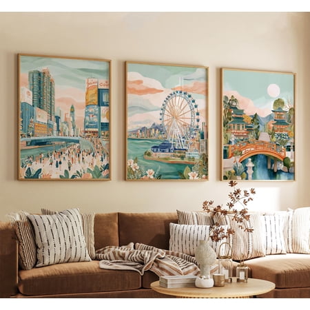 Osaka Japan Poster Vintage Inspired City Landscape Wall Art Neutral Asian Travel Prints Set 3