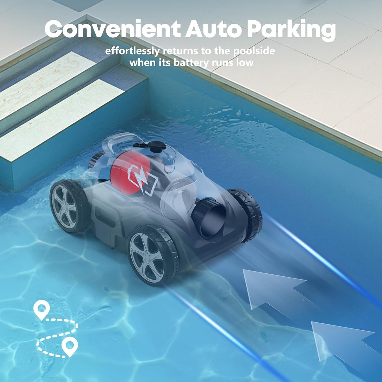 Cyanith MF-PC01 Cordless Robotic Pool Cleaner, 110-Min Runtime, Self-Parking, for Above-Ground & Flat-Bottom Inground Pools up to 1026 sq ft, Gray