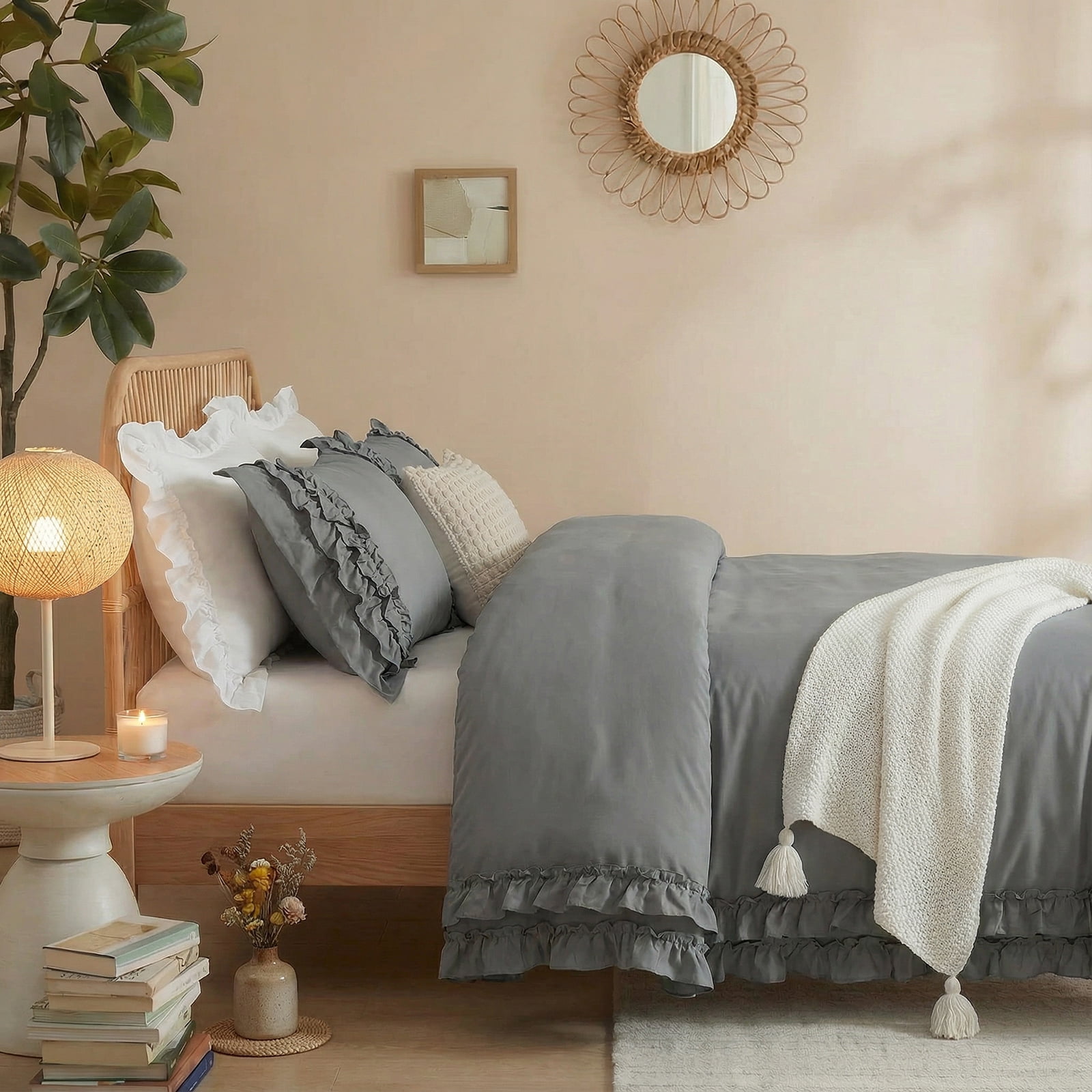 100% Cotton Ruffled Comforter Set Queen, White Shabby Chic Farmhouse Bedding Set French Country Cute Comforter Set