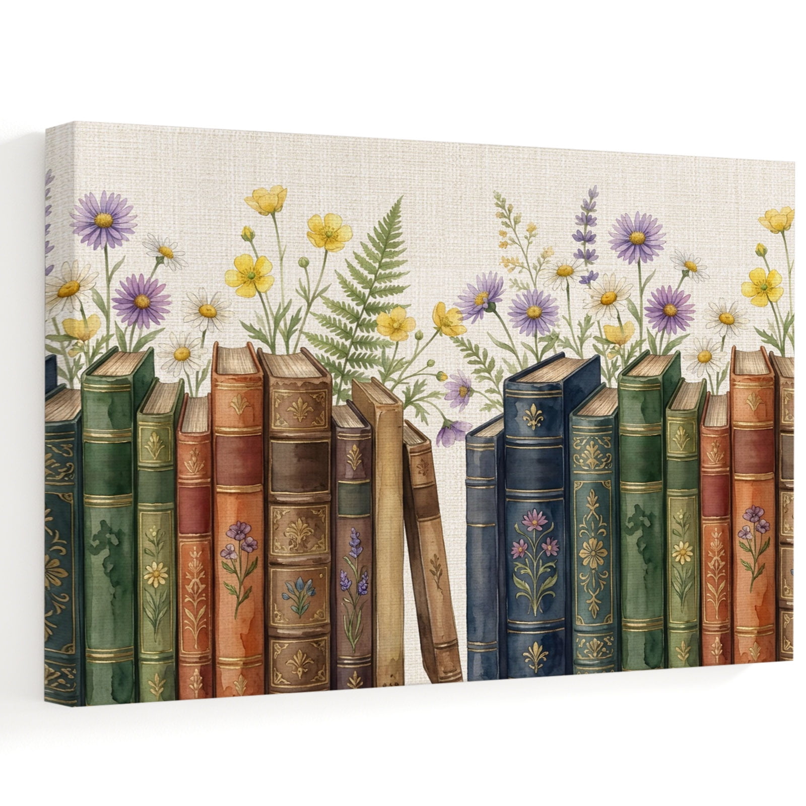 Colored Books Canvas Wall Art 30 x 20 Vintage Floral Book Spines Linen Texture Frame Picture Prints Ready to Hang Waterproof Artwork Decor for Living Room Above Sofa Bedroom Office