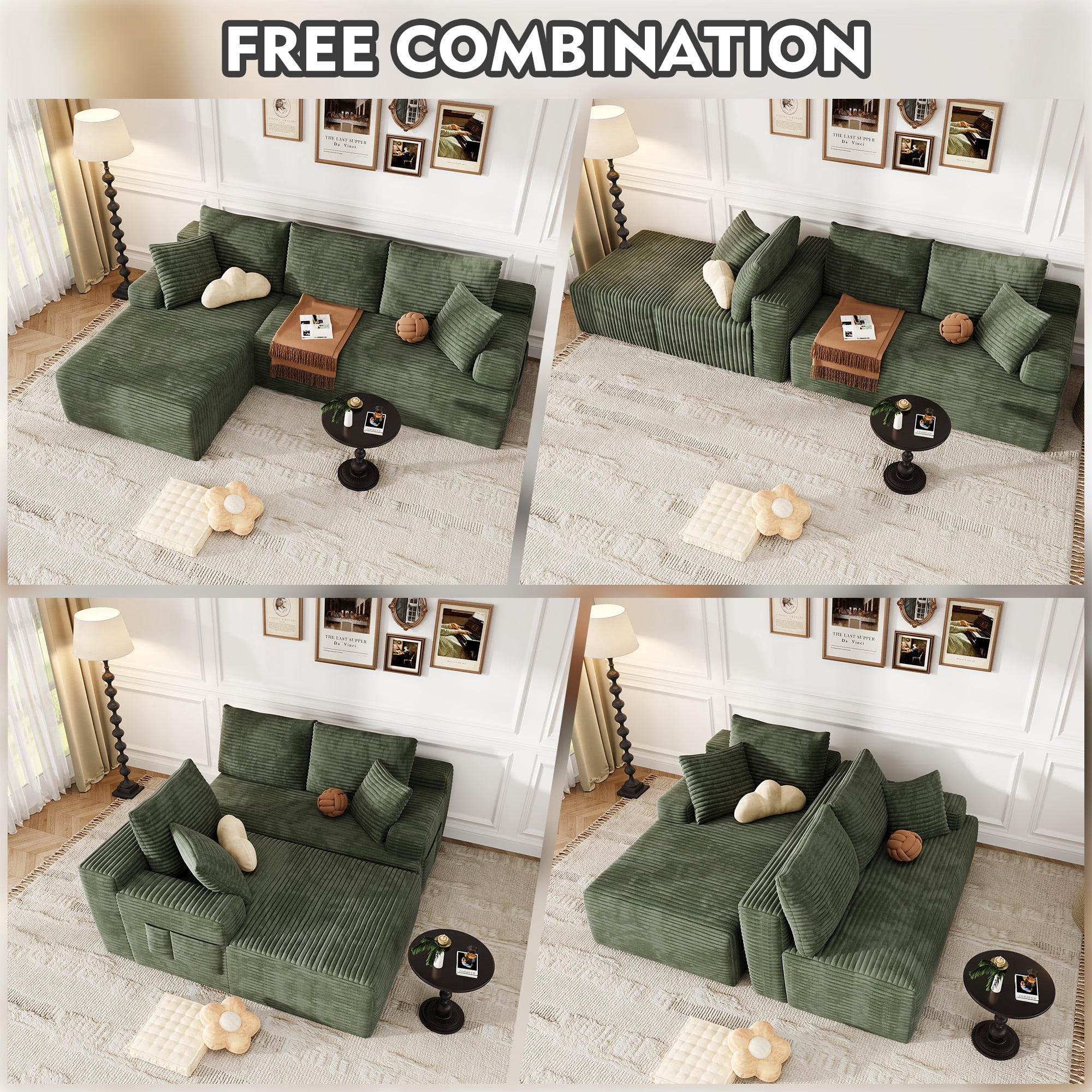 104" Modular L-Shaped Sectional Sofa, No Assembly Required Boneless Sofa with Chaise, High Resilience Foam & Corduroy Fabric, for Living Room Bedroom,(Sage Green)