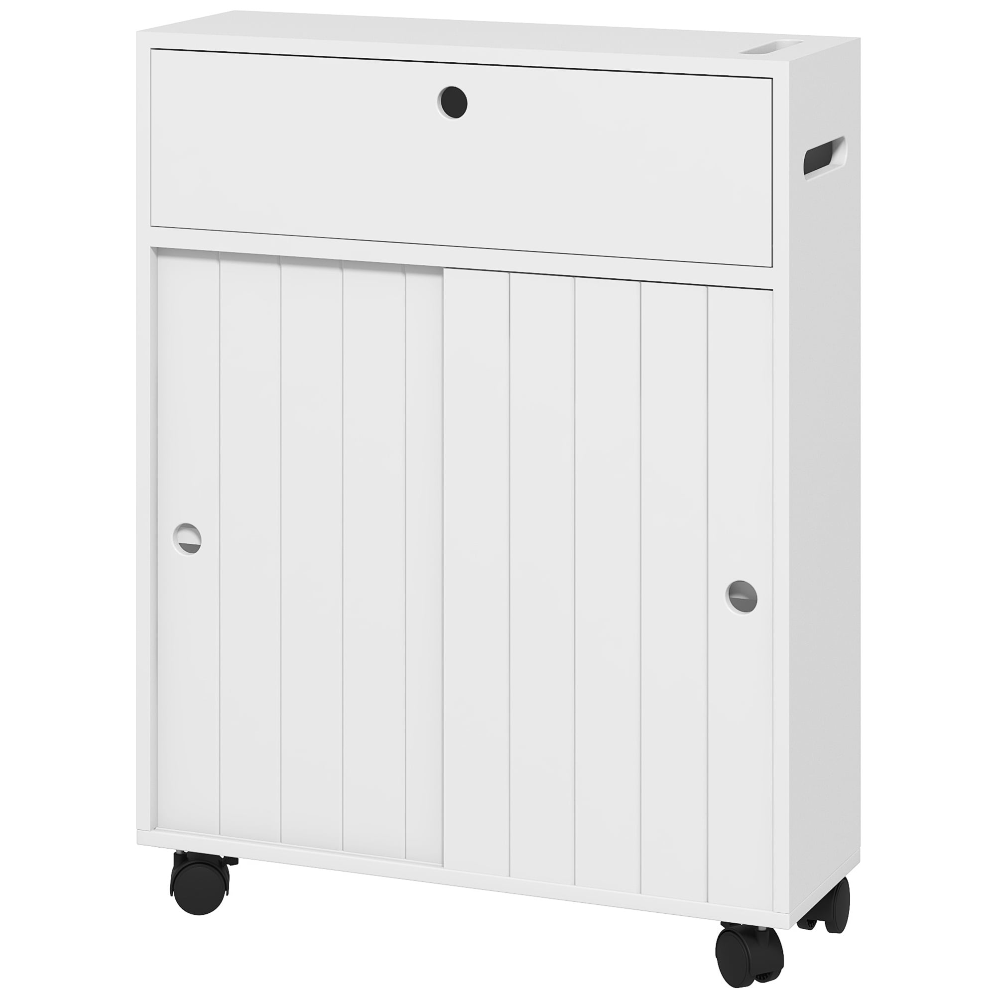 kleankin Small Bathroom Storage Cabinet on Wheels, Slim Toilet Paper Cabinet with 2 Holes, Sliding Doors and Adjustable Shelf, White