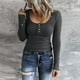 thumbnail image 2 of Prolriy Tops de verano para mujer 2024, camisetas Henley de manga larga para mujer, camisetas ajustadas con botones y cuello redondo, camisetas de punto acanalado, camisetas para mujer, gris oscuro S, 2 of 7