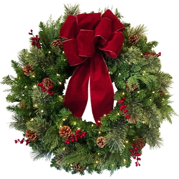 BOSALY Classic 20 inch Christmas Wreaths for Front Door - Large Size Green Wreath with Big Bow, Norfolk Pine Wreaths for Front Door, Christmas Decoration Indoor, Christmas Home Decor Wall Mantel