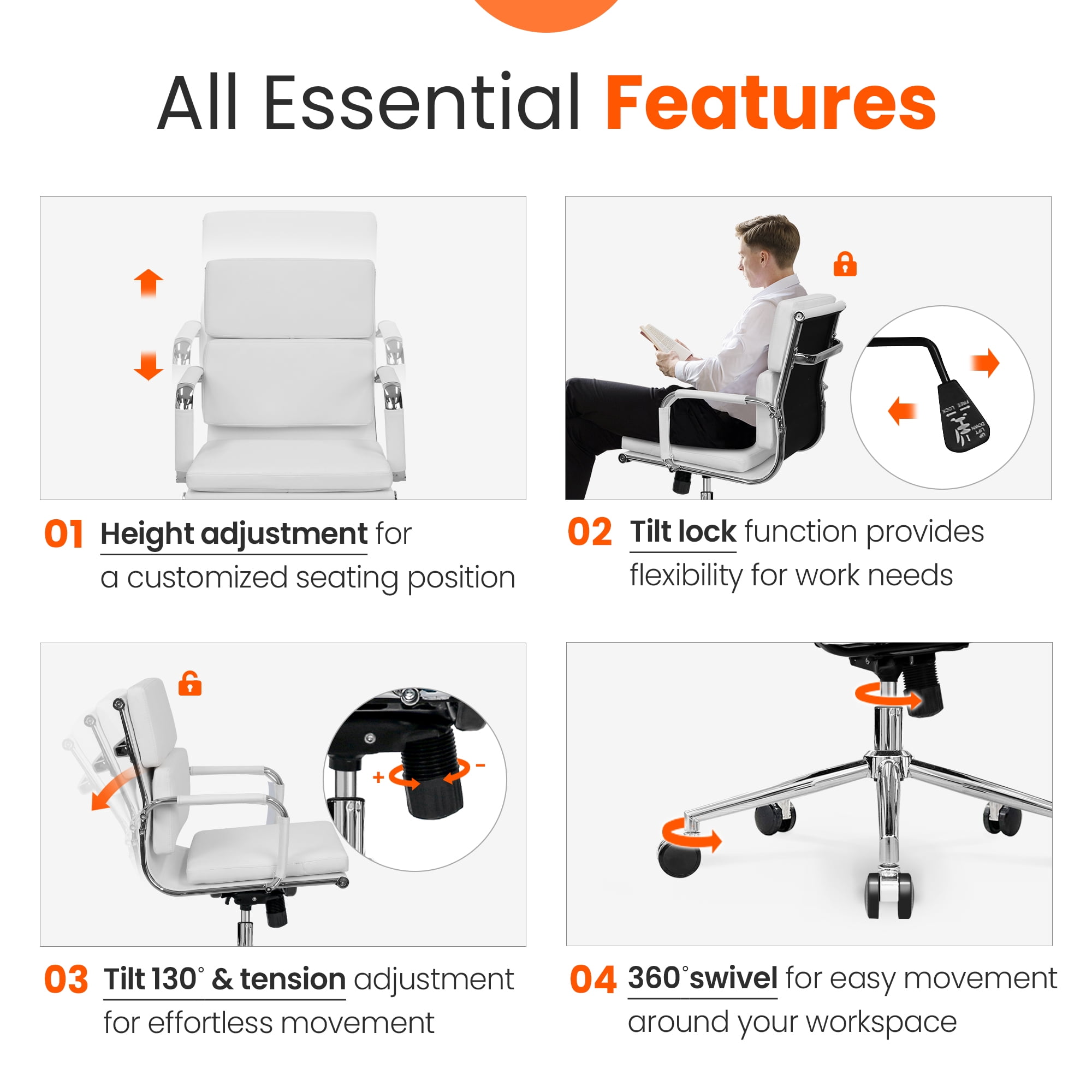 NEO CHAIR Conference Office Chair Century Modern Mid-Back Cushioned, White