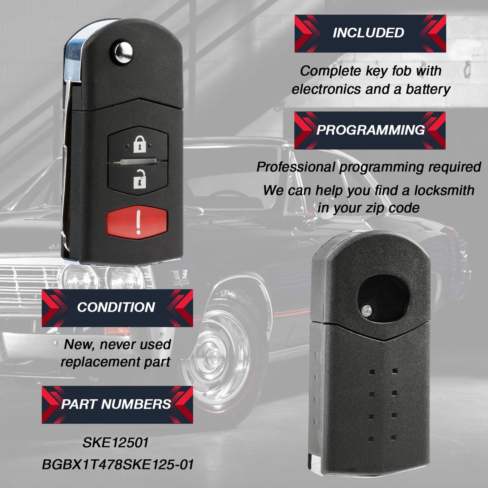 KeylessOption replacement blank flip key fob for Mazda (BCR2-67-5RY) 3-button remote fob, 2 pack