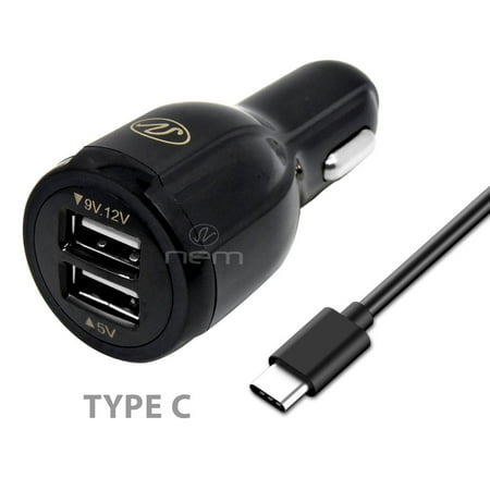 Quick Car Charger Kit For Motorola Moto g6 Phones - Dual USB 4.3 Amp Car Charger with 3 Feet Type C USB Cable - Black