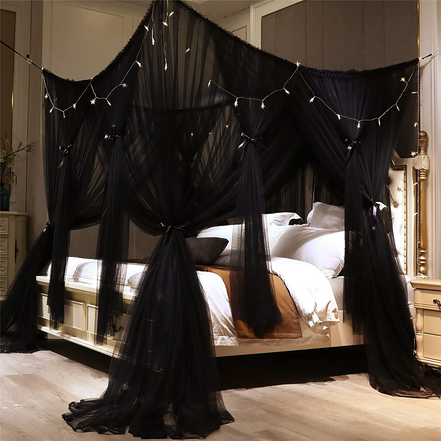 4 Corners Post Princess Bed Canopy Curtain Double Layer Cozy Drape Netting 4 Opening Mosquito Net for Girls & Adults Bedroom Decoration Accessories (Double Black, 59" W*82" L*82"*H/(Queen))
