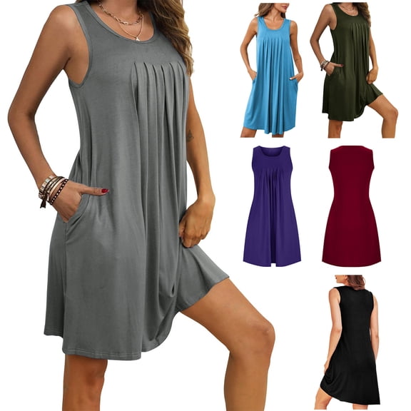 Zekutng Dresses for Women Nightgown with Pockets Sleep Shirts Sleeveless Sleepwear Pleated Front Round Neck dress,Sizes S-2XL