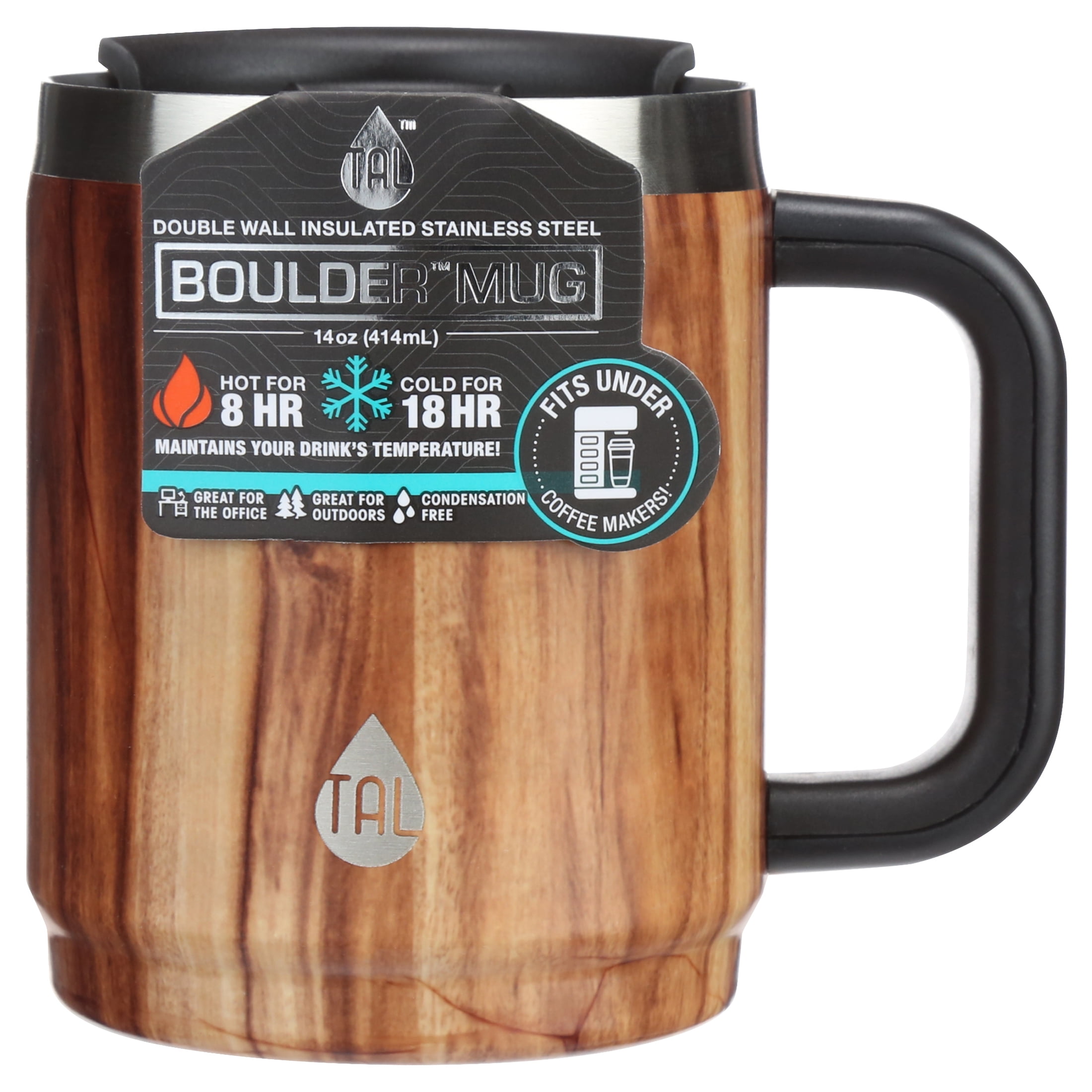 TAL Stainless Steel Boulder Coffee Mug 14oz, Dark Wood
