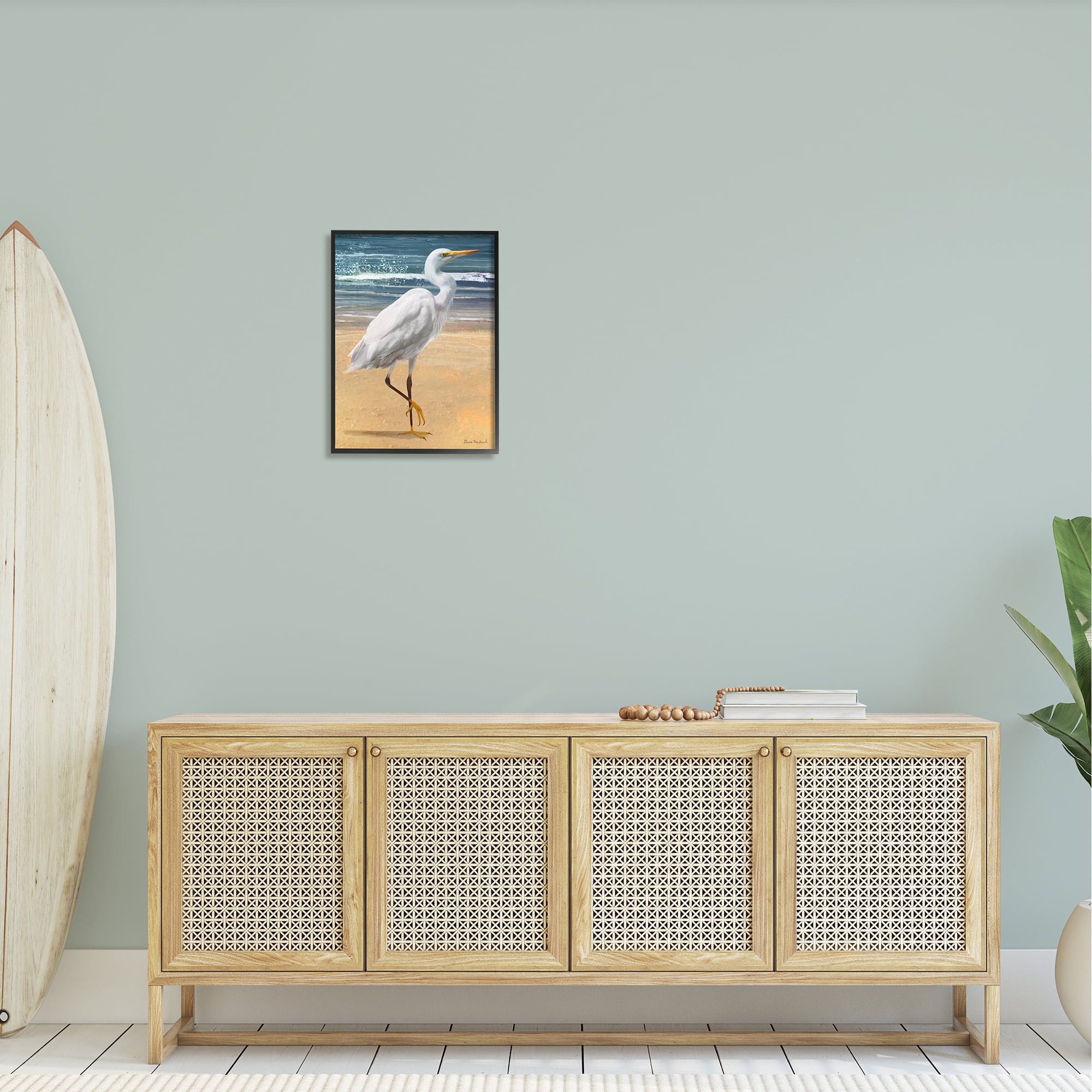 Stupell Industries White Heron Bird Standing Beach Shoreline Waves Painting Black Framed Art Print Wall Art, Design by Diane Neukirch