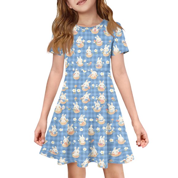 yuCgh Easter Dress for Girls, Floral Print Short Sleeve Summer Dress with Pocket, Casual Party Dress for Easter Day & Spring Season,Blue 110