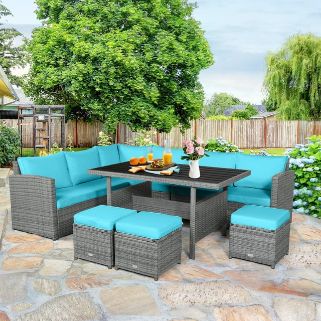 Patiojoy 7-Piece Wicker Patio Furniture Set Outdoor Rattan Sofa Set Conversation Couch Set Turquoise