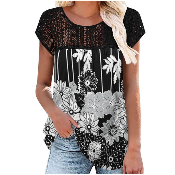 Fiudx Ofertas Del Día Top/Camisa de Manga Corta con Cuello Redondo y Malla de Encaje Estampada para Mujer