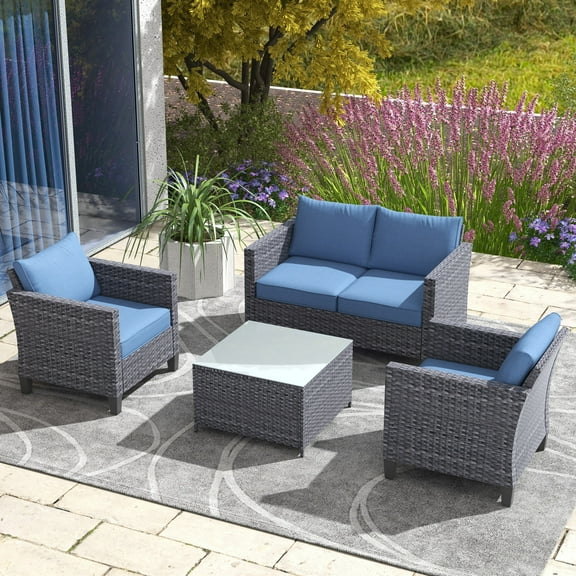 Ovios 4 Pieces Outdoor Patio Furniture Set All-Weather Patio Conversation Wicker Sectional Couch with Coffee Table for Balcony
