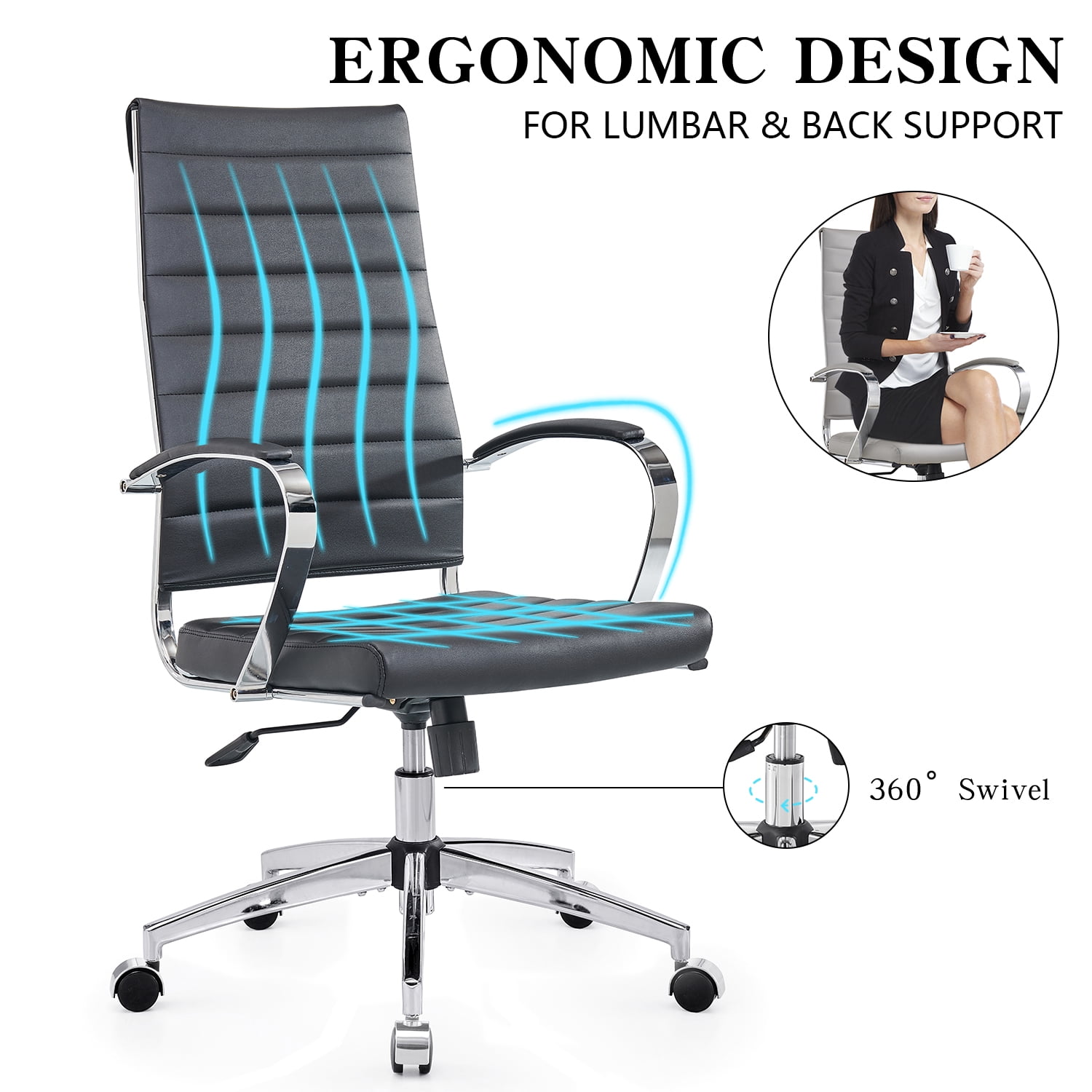 CAROCC High Back Executive Office Chair with Armrest Adjustable Swivel Chair in Durable Vegan Leather Modern Office Chair Ergonomic Desk Chair for Extra Back & Lumbar Support