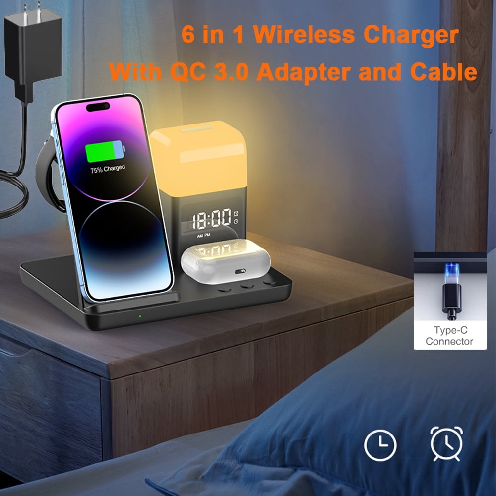 6 in 1 LED Phone Charger Stand Dock with Alarm Clock Night Light Wireless Charger for iPhone, , Wireless Charging Station for Apple Watch, for Airpods 3/2/Pro, for iPhone 17/16/15/14/13/12/11/Pro