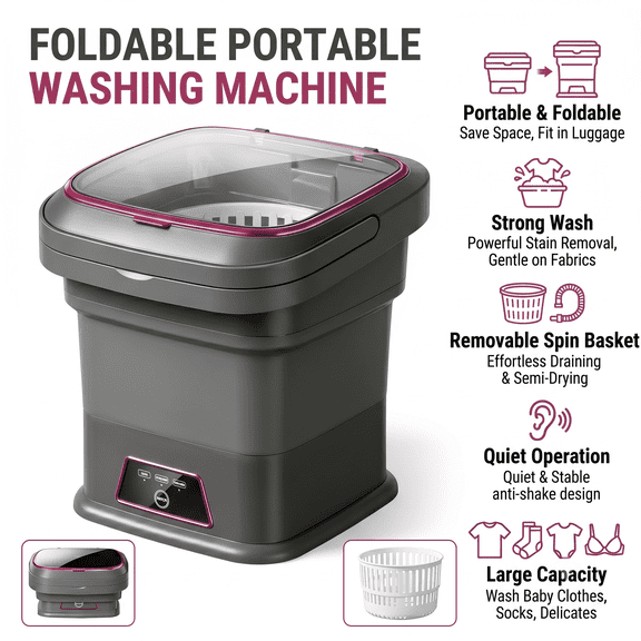 Foldable Portable Washing Machine, Mini Washer with Removable Spin Basket, 3 Cleaning Modes Compact Washer for RV, Camping, Apartment and Travel, Baby Clothes & Delicates, Grey/Purple