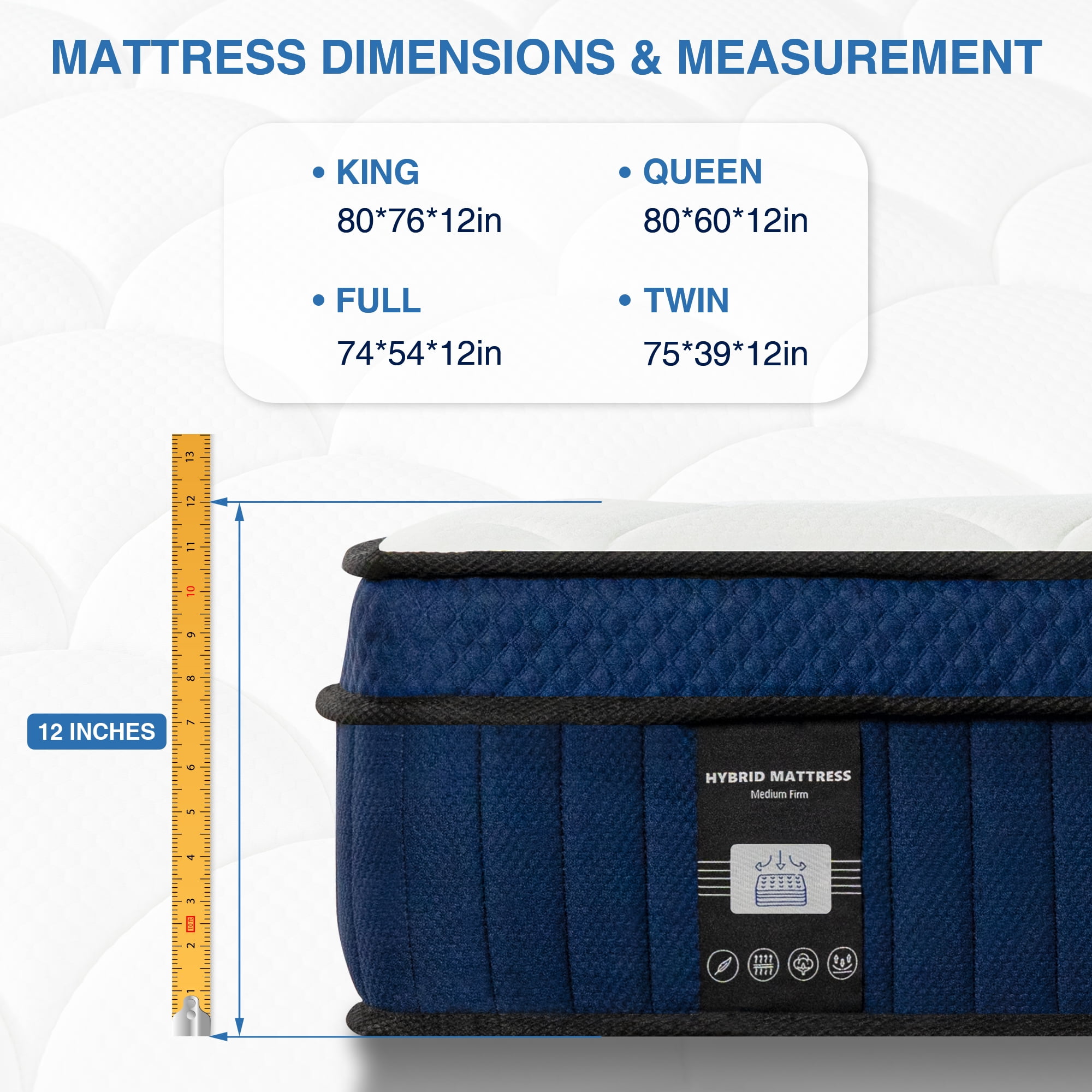 Queen Rose 12' 'Twin Medium Hybrid Mattress, With Pocket Spring , Bed in-a-Box