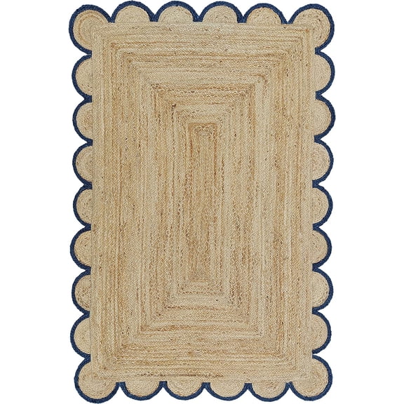 Scalloped Natural Jute Area Rug, Blue Colored Trim