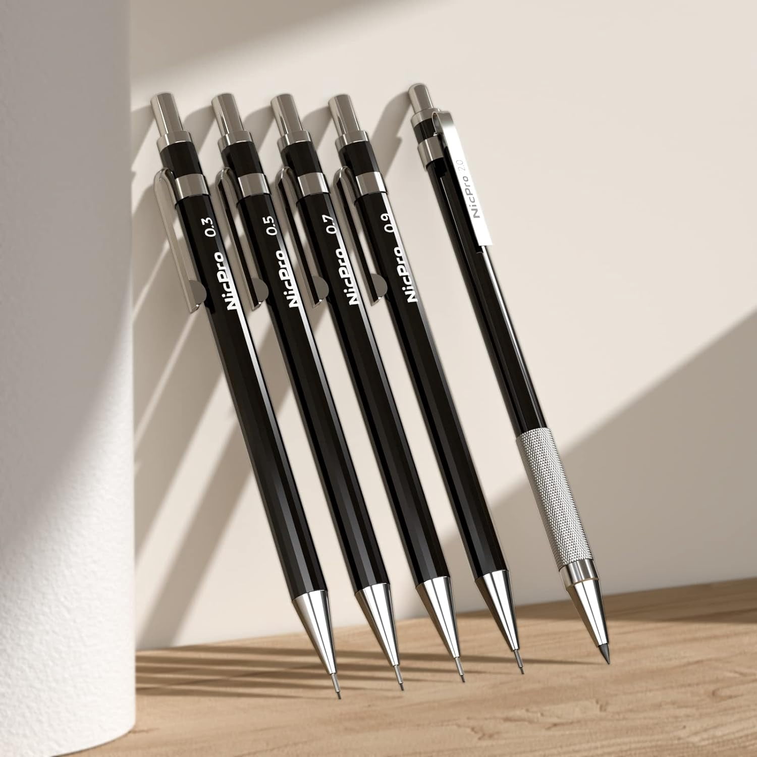 Nicpro 5 Pcs Black Metal Mechanical Pencil Set in Leather Case, 0.3, 0.5, 0.7, 0.9 mm & 2mm Lead Pencil Holders, (4B 2B HB 2H) Lead Refills (Black & Colors), Erasers