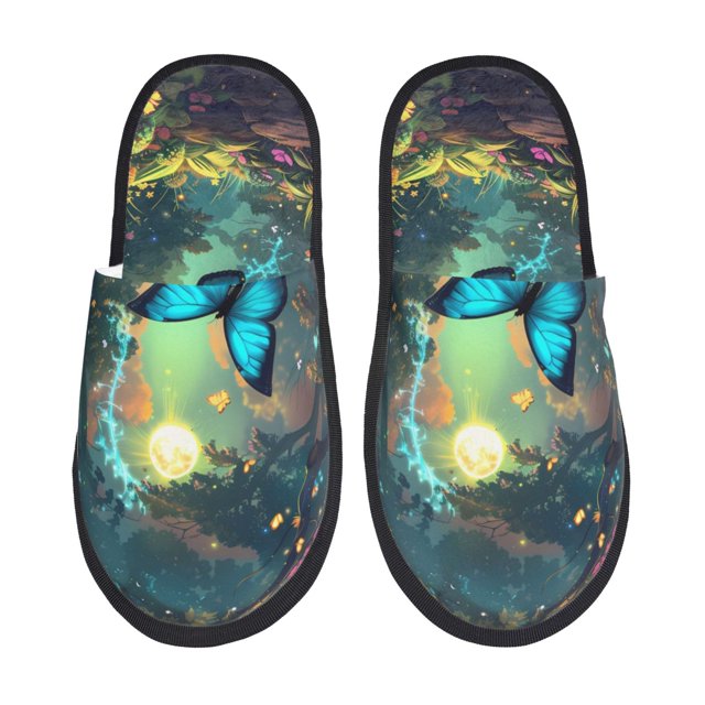 Fotbe Enchanted Forest Butterfly A Pantuflas Peludas para Mujer con Estampado, Zapatillas de Peluche, Zapatos de Invierno para Casa, Uso Interior y Exterior-Large