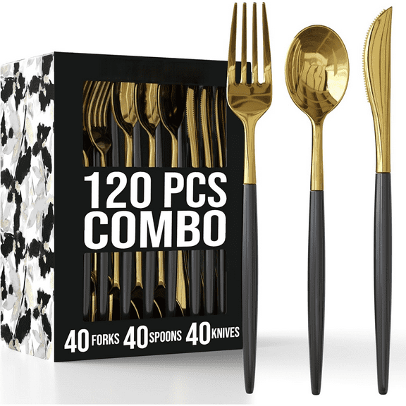 120 Pack Disposable Silverware Set - Silver Cutlery Dinnerware - Includes 40 Plastic Forks, Spoons, Knives - Black & Gold Plastic Silverware Party Set