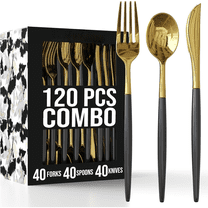 120 Pack Disposable Silverware Set - Silver Cutlery Dinnerware - Includes 40 Plastic Forks, Spoons, Knives - Black & Gold Plastic Silverware Party Set