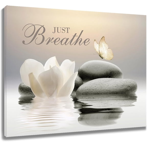 Aaheei Zen Spa Bathroom Wall Art Garden Butterfly and Flower Stone Relaxing Spiritual Yoga Canvas Wall Art Just Breathe Wall Canvas Decor for Living Room Bedroom High Definition Printing 16x20