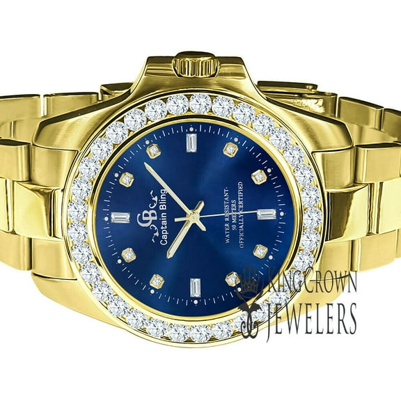 Blue Dial Stainless Steel Simulated Diamonds Yellow Gold Tone Mens Watch 42mm