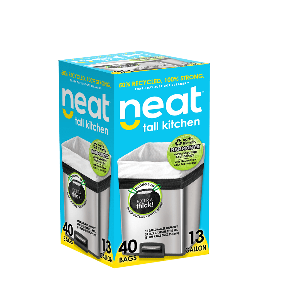 Neat Tall Kitchen 30 Gallon Drawstring Trash Bags - (25 Count) - Triple Ply Fortified, Eco-Friendly 50% Recycled Material, Neutralize+ Odor