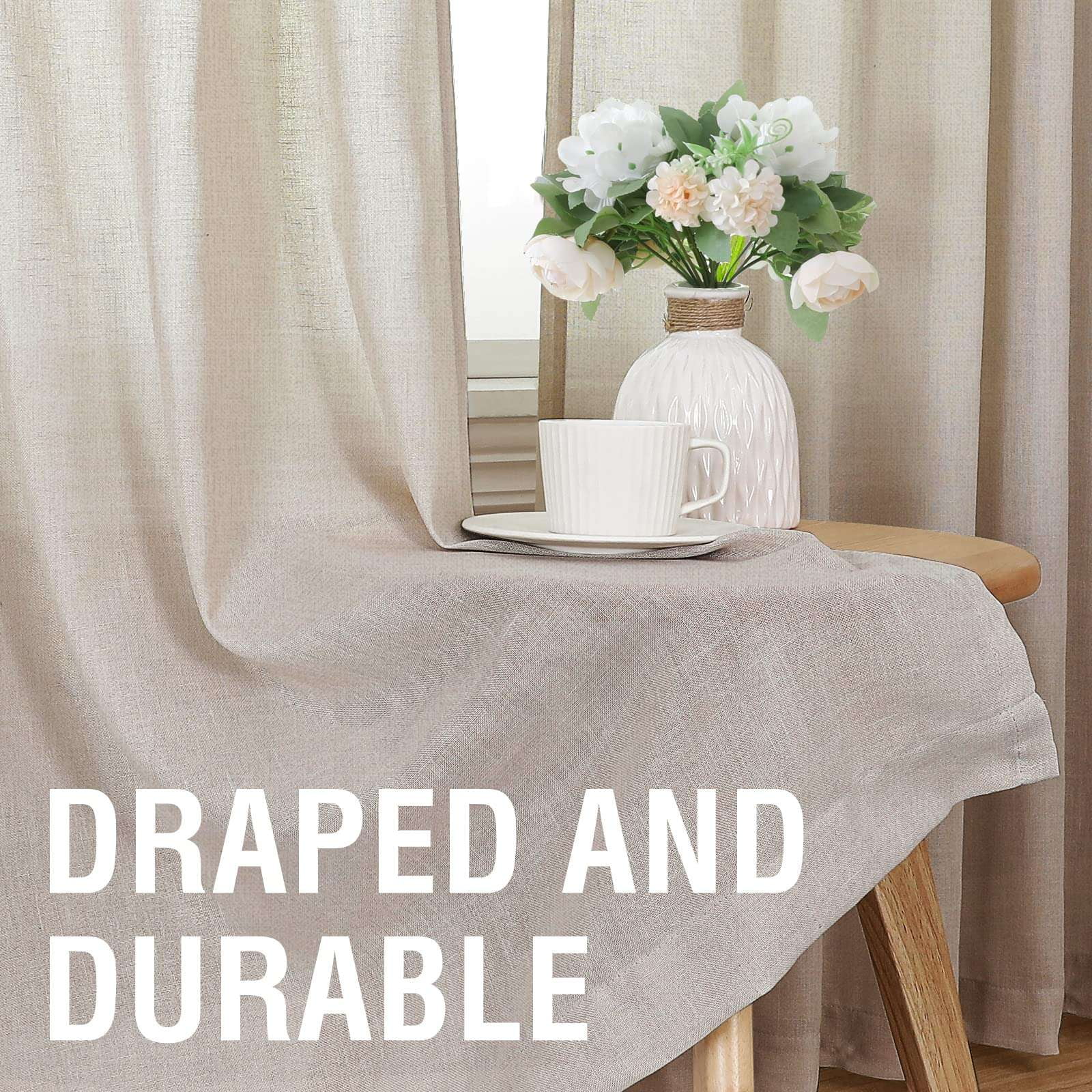 Turquoize Classic Natural Linen Privacy Curtains Light Filtering for Living Room 2 Panels Back Tab, 52" x 63" , Angora