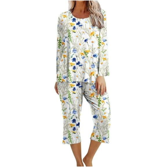 IROINNID 2PC Pajamas Set for Women Crewneck Long Sleeve Pullover with Casual Capri Homewear Comfortable Sleepwear Set,White