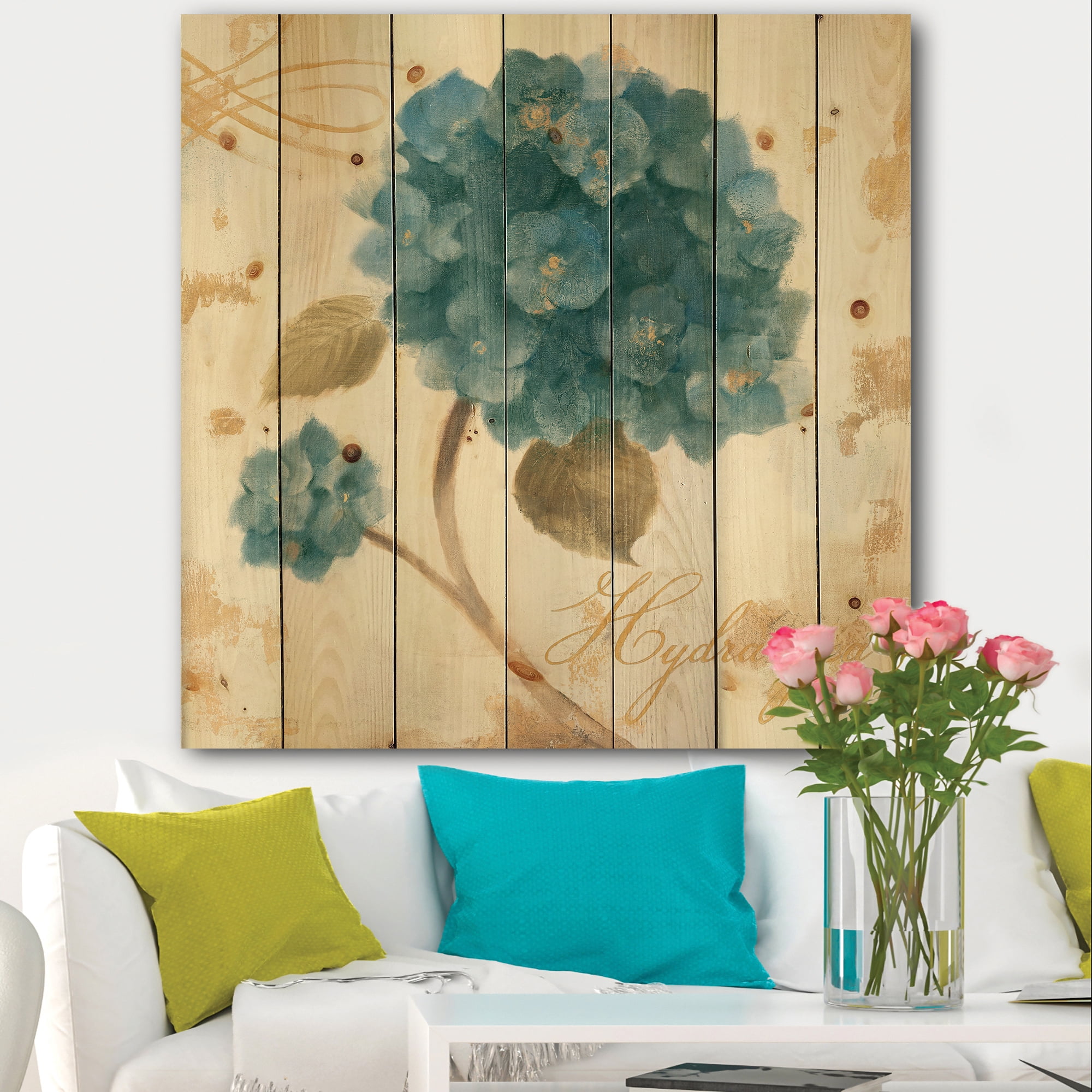 Designart 'Abstract Blue Cottage Flower Hydrangea II' Farmhouse Print on Natural Pine Wood