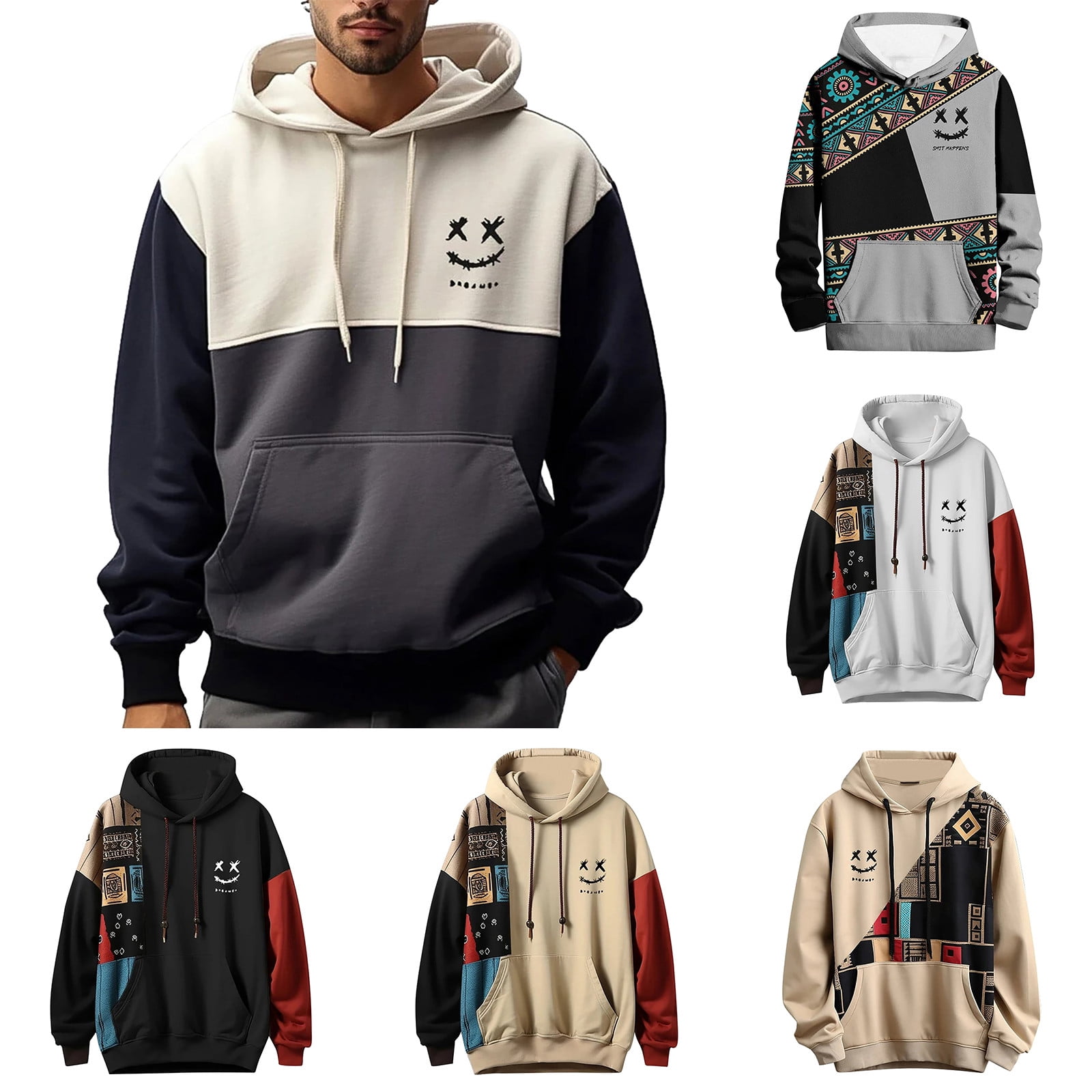 Hpapadks Men's Hoodies Vintage Patchwork Hoodies Pullover with Front Pocket Long Sleeve Drawstring Hooded Sweatshirts for Men
