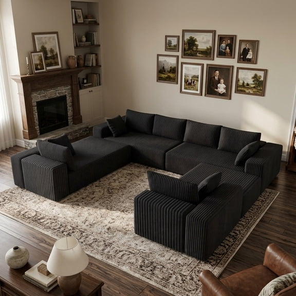 121.2" Modular U-Shaped Sectional Sofa Corduroy, 96" Extra Deep Seat Convertible Sleeper Cloud Couch, Black