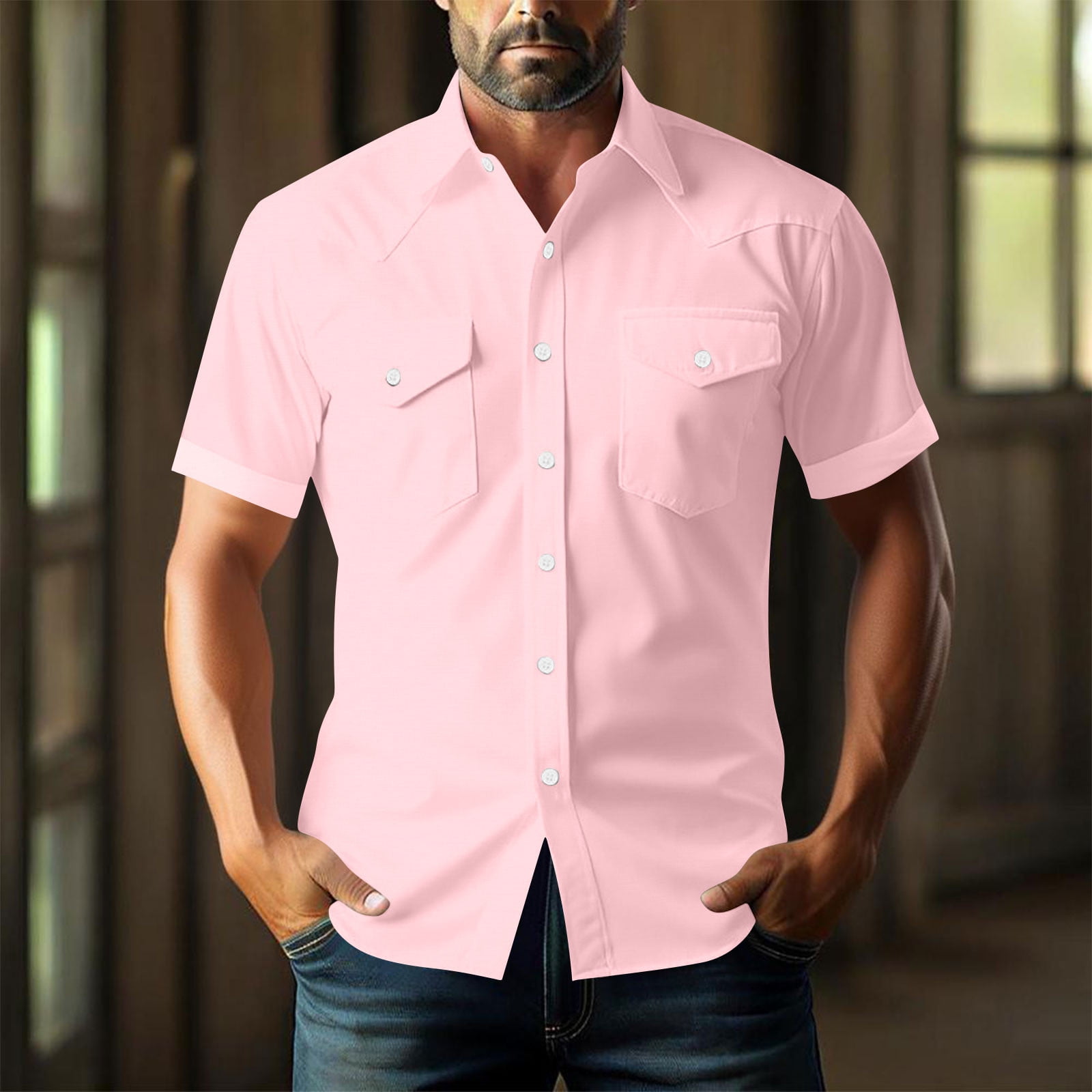 nerohusy Button Up Linen Shirts for Men Western Cowboy Pearl Snap