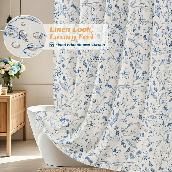 Inosoo Elegant Blue Floral Print Faux Linen Shower Curtain,Thick & Soft Bohemian Farmhouse Decorative Cloth Bathroom Curtain, 72" W x 72" L