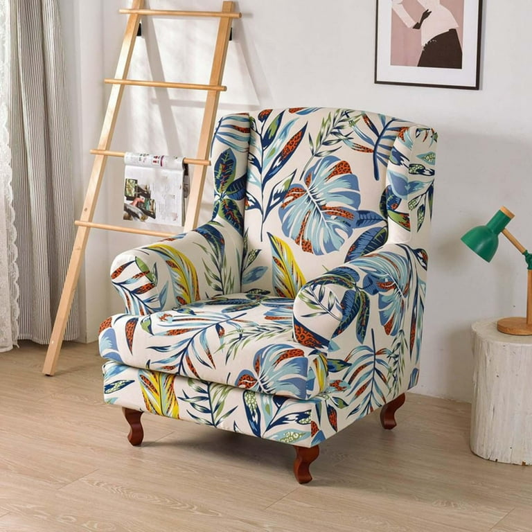 MIFXIN Wing Chair Slipcover 2 Piece Set Velvet Stretch Wingback Chair Cover With Cushion Cover Soft Washable Armchair Furniture Protector For Living Room Bedroom (Deep Green