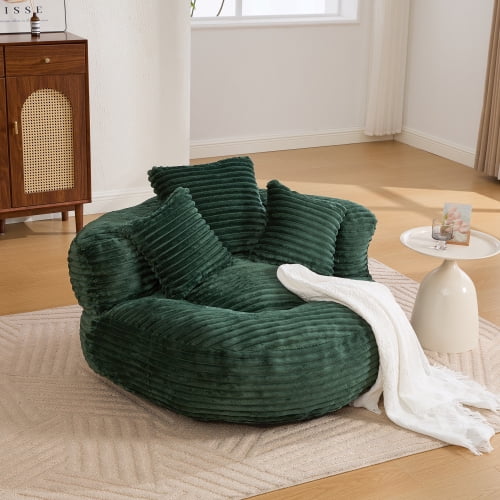 Oversized Bean Bag Chair with Armrest & 3 Pillows, Corduroy Bean Bag Sofa for Adults, High-Density Memory Foam Filling, Lazy Lounger for Bedroom, Living Room, Dorm,  Emerald