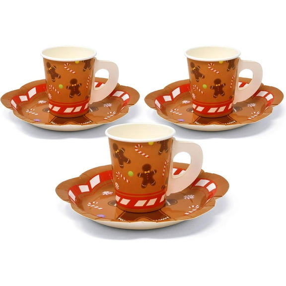 24 Disposable Christmas Gingerbread Party Cup 7 Oz 24 & 7" Paper Scallop Shaped Saucer Plates Set with Handle for Tea Hot Cocoa Chocolate Coffee Mugs Holiday Xmas Table Dinnerware Suppy