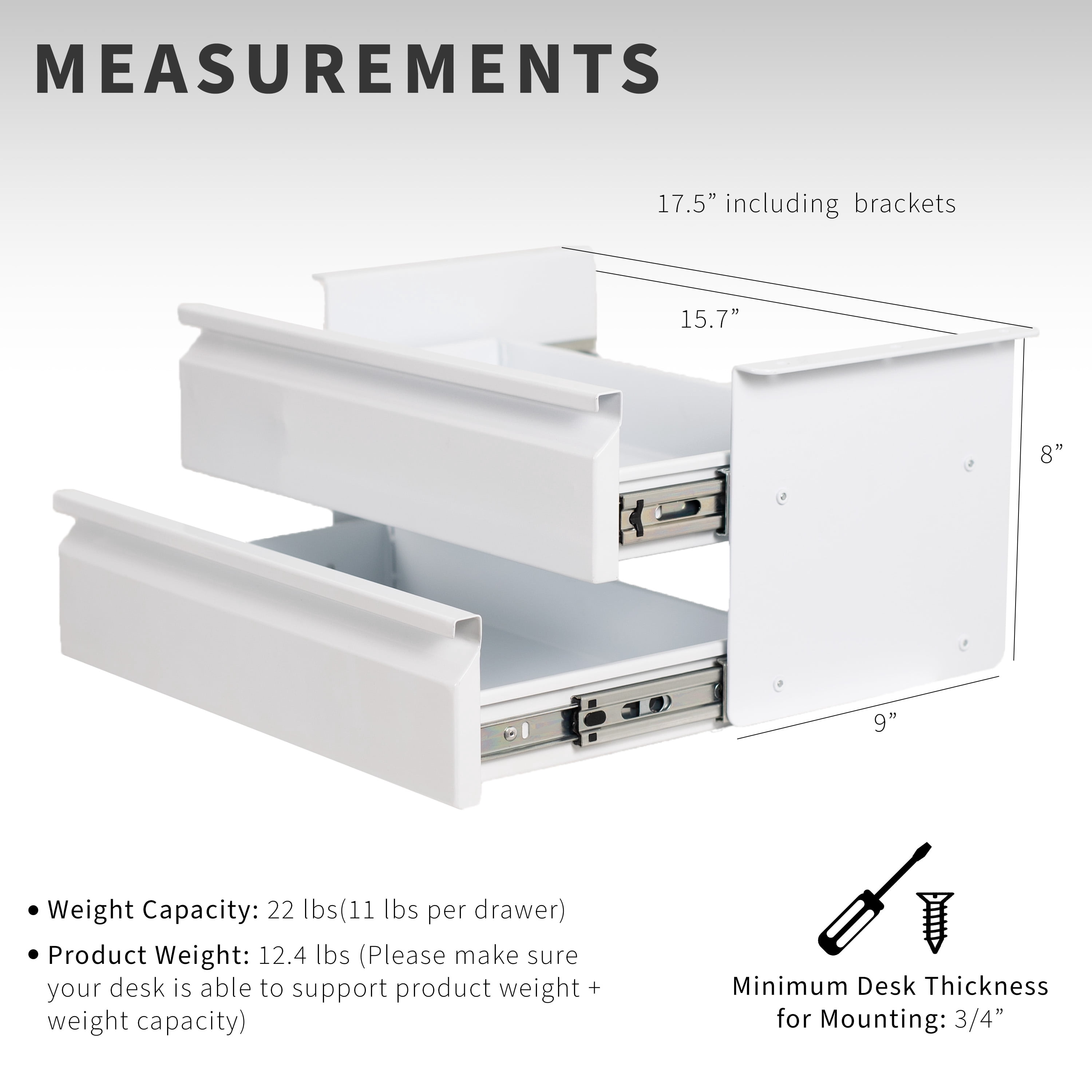 VIVO White Dual Level 16" Pull Out Under Desk Storage Drawer Set without Shell