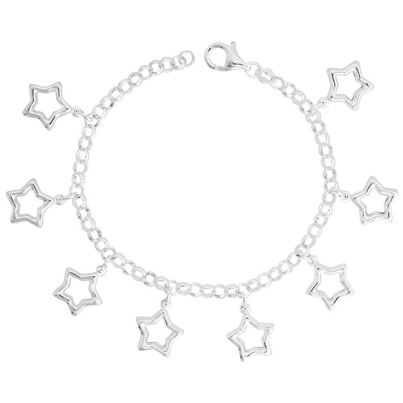 925 Sterling Silver Solid italian Dangling Puffy Stars Charm Bracelet 19mm