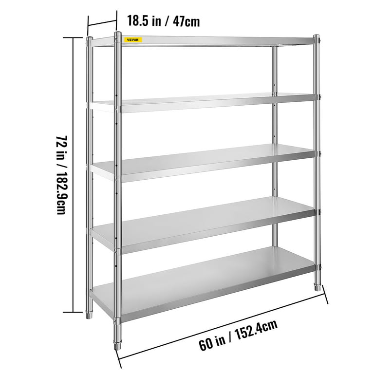 VEVOR Stainless Steel Shelving 60x18.5 Inch 5 Tier Adjustable Shelf Storage  Unit Stainless Steel Heavy Duty Shelving for Kitchen Commercial Office