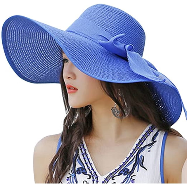 Sombrero de paja con lazo grande para mujer de 5,5 pulgadas, grande, flexible, plegable, enrollable, gorra de playa, sombrero para el sol UPF 50+ (azul) BANYUO Electrónica