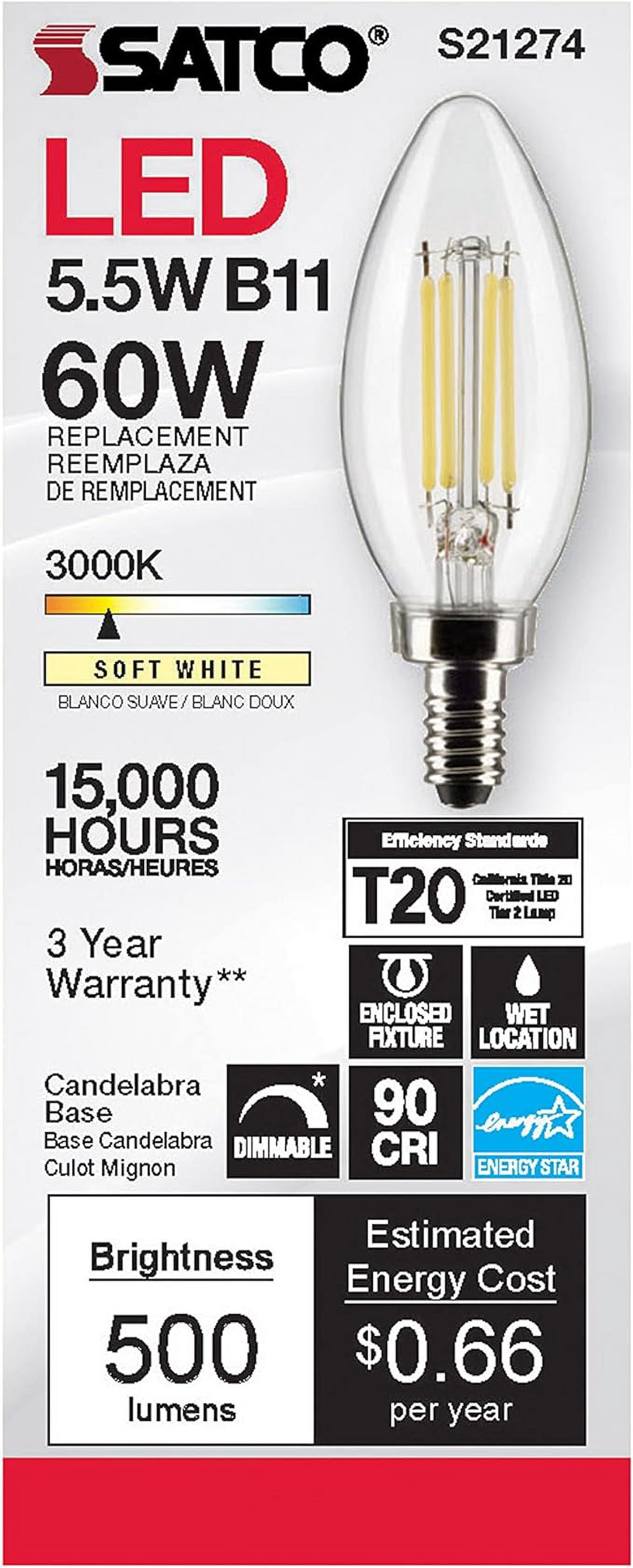 SATCO S21274 5.5W B11 90 CRI 3000K 120V LED Candelabra Base Bulb, Clear (6 Pack)